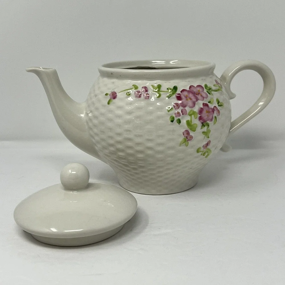 Vintage Teleflora Ceramic Porcelain Teapot 1985 White Lattice Floral Lid Decor